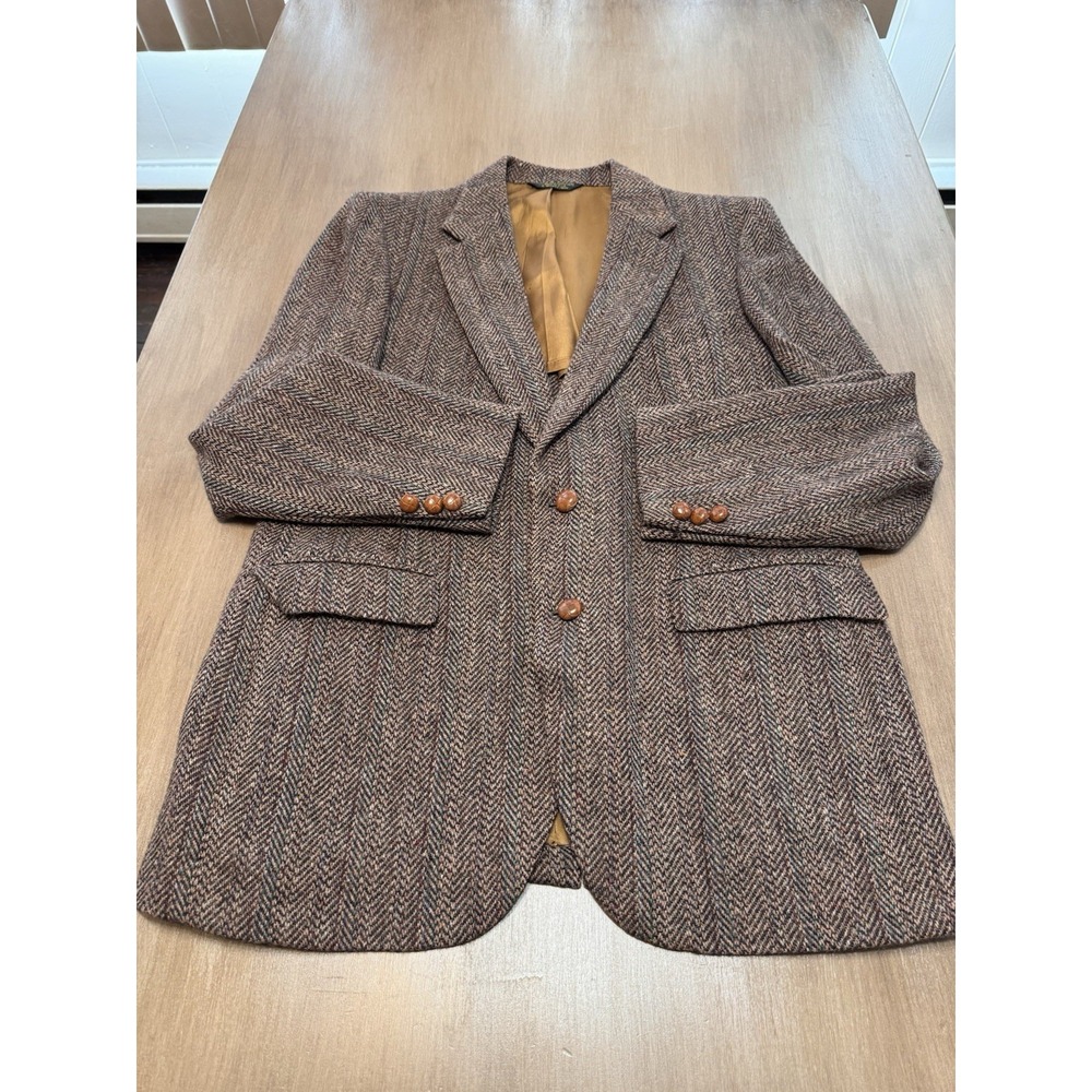 Vintage Harris Tweed Stafford Mens 40R Brown Herringbone Scottish Wool Blazer